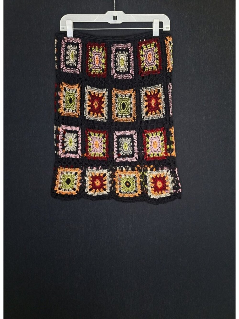 💙 Boho Crochet Granny Square Skirt M/L Black Floral Lined Festival Bohemian